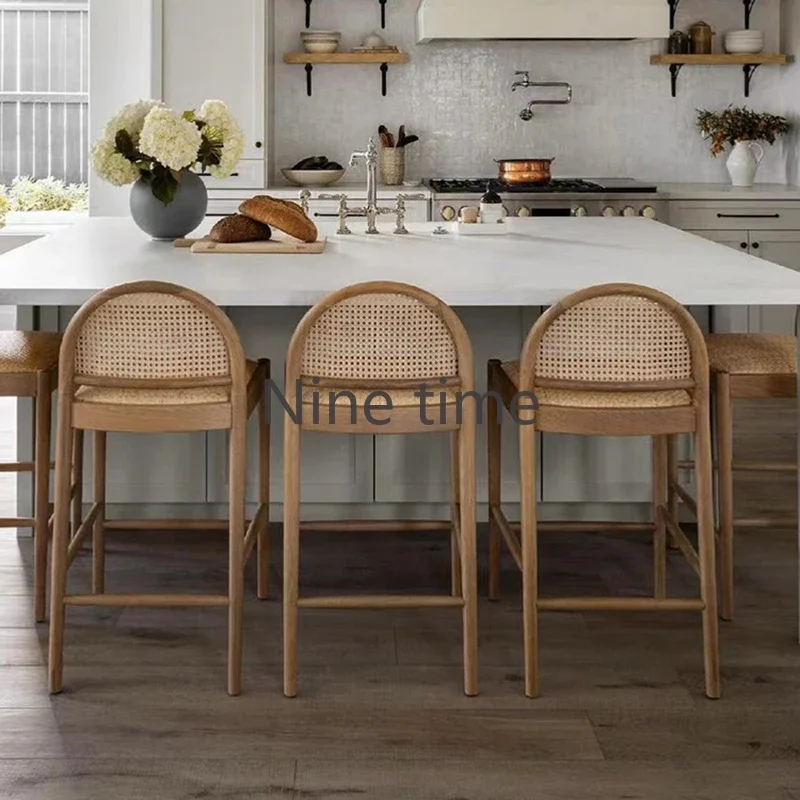 Commercial Kitchen Counter - Masif Ahşap Rattan Mutfak Bar Sandalyesi